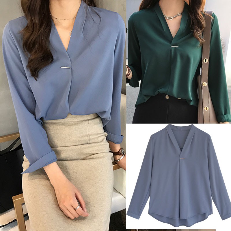 เสื้อเชิ้ตลําลอง-แขนยาว-คอวี-ทรงหลวม-สีขาว-สีฟ้า-สีแดง-สีเขียว-สไตล์เกาหลี-สําหรับสตรี-ไซซ์-s-4xl