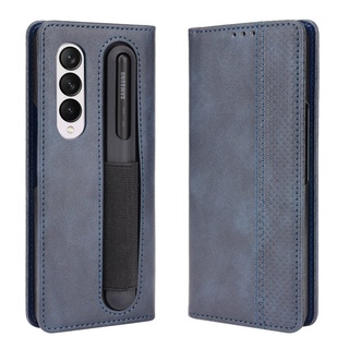 Pen Slot Holder Casing Samsung Galaxy Z Fold3 5g Vintage Flip Cover Galaxy Z Fold 3 5g Magnetic Wallet Case PU Leather Cases Card Holder