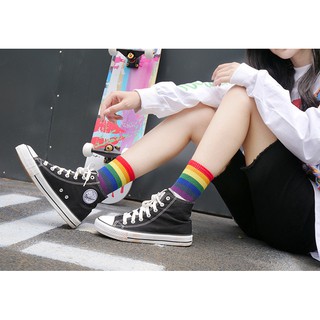 ภาพขนาดย่อของภาพหน้าปกสินค้าถุงเท้าแฟชั่น ลายสายรุ้ง ฟรีไซส ถุงเท้าข้อกลาง ลายทางสีสันสด Rainbow socks NO.17 จากร้าน carina_shopping บน Shopee ภาพที่ 5