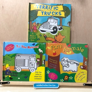 ใหม่ในซีล หนังสือภาษาอังกฤษ Board Book Pull the tabs to show the colours - Terrific Trucks, To the Rescue, Farm Animals