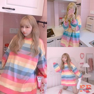 สต็อกไทย❌FF เสื้อแขนยาวทรงโอเวอร์ไซส์ ลายทางสีพาสเทล ผ้าคอตตอน แฟชั่น