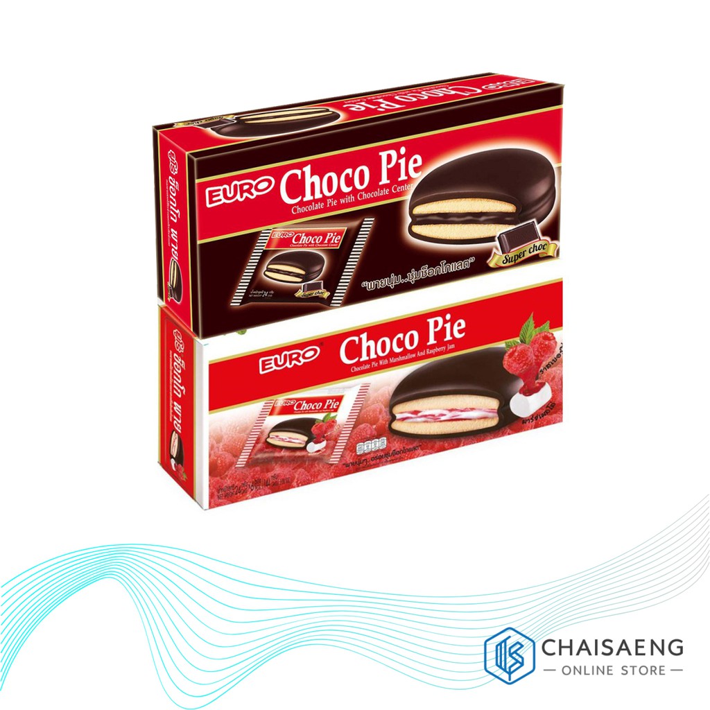 ภาพหน้าปกสินค้าEuro Choco Pie ยูโร่ ช็อกโกพาย ขนมพายสอดไส้ช็อกโกแลตและไส้มาร์ชเมลโล่และแยมราสเบอร์รี่เคลือบช็อกโกแลต 204 กรัม