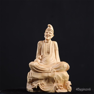 Yueqing Boxwood ไม้แกะสลัก Jigong Living Buddha ของตกแต่งบ้านของขวัญงานฝีมือแกะสลักบ้านทำด้วยมือพระพุทธรูปพระอรหันต์ CVH
