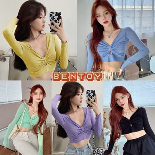 Bentoy*พร้อมส่ง*เสื้อครอปไหมพรมหน้าวีแขนยาวเซ็กซี่NO.C171