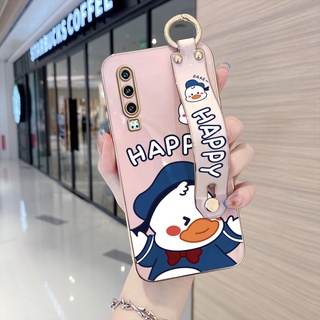 (พร้อมสายรัดข้อมือ) สําหรับ Huawei P30 Pro P30 Lite P20 Pro P20 Lite การ์ตูนโดนัลด์ดั๊ก น่ารัก นิ่ม เคสขอบสี่เหลี่ยม ชุบหรูหรา TPU เคสโทรศัพท์