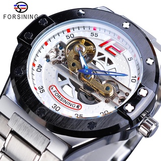 Forsining New Racing Mens Mechanical Watch Automatic Sport Military Transparent Bridge Silver Quality Stainless Steel Ba