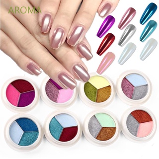 สินค้า Aroma ผงกลิตเตอร์โฮโลแกรมโครเมี่ยมสีเงินโครเมี่ยม 3 สีสําหรับตกแต่งเล็บ