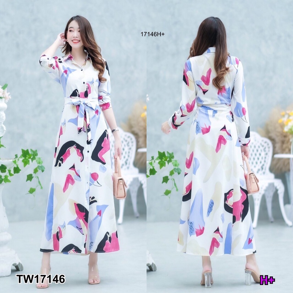 tw17146-maxi-dress-ปกเชิ้ตแขนยาวลายศิลป์-ติดกระดุมด้านหน้า-มีโบว์ผูกเอว-ไม่มีสม๊อค