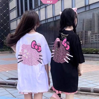 SANRIO เสื้อยืดแขนสั้น ผ้าฝ้าย ทรงหลวม ลายการ์ตูนอนิเมะ Hello Kitty แฟชั่นฤดูร้อน สําหรับผู้หญิง 2022 Y2k