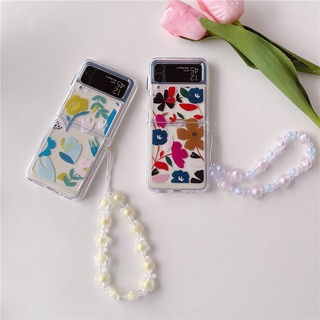 เคสโทรศัพท์มือถือแบบใส กันกระแทก ลายดอกไม้ พร้อมสายคล้องข้อมือ สําหรับ Samsung Galaxy Z Flip 3 5G Z Flip 3 Zflip3 Z Flip3