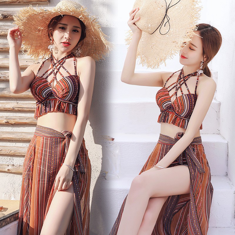 bikini-บิกินี่-ชุดว่ายน้ำผู้หญิง-สไตล์โบฮีเมี่ยน-เซ็ต3ชิ้น-เสื้อดีเทลสายไขว้
