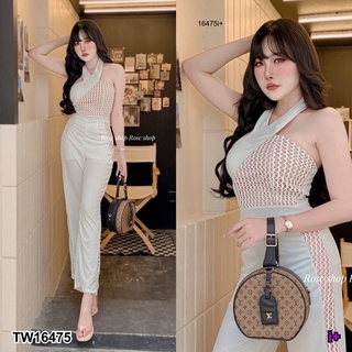 TW16475 จั๊มขายาว ผ้าฮาน่าเล่ เนื้อหนาแต่งแถบและอก เป็นผ้าลูกไม้เกาหลี นำเข้า