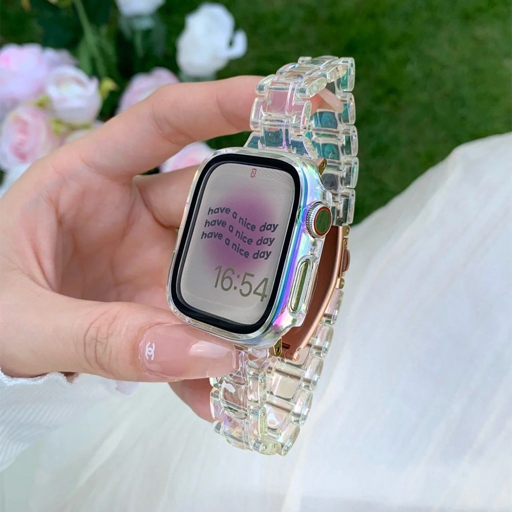 hot-sale-ins-เหมาะสำหรับ-applewatch7-รุ่นเลเซอร์สายโปร่งใส-apple-watch-654321-เรซิ่นสายรุ้ง-se-ฤดูร้อน