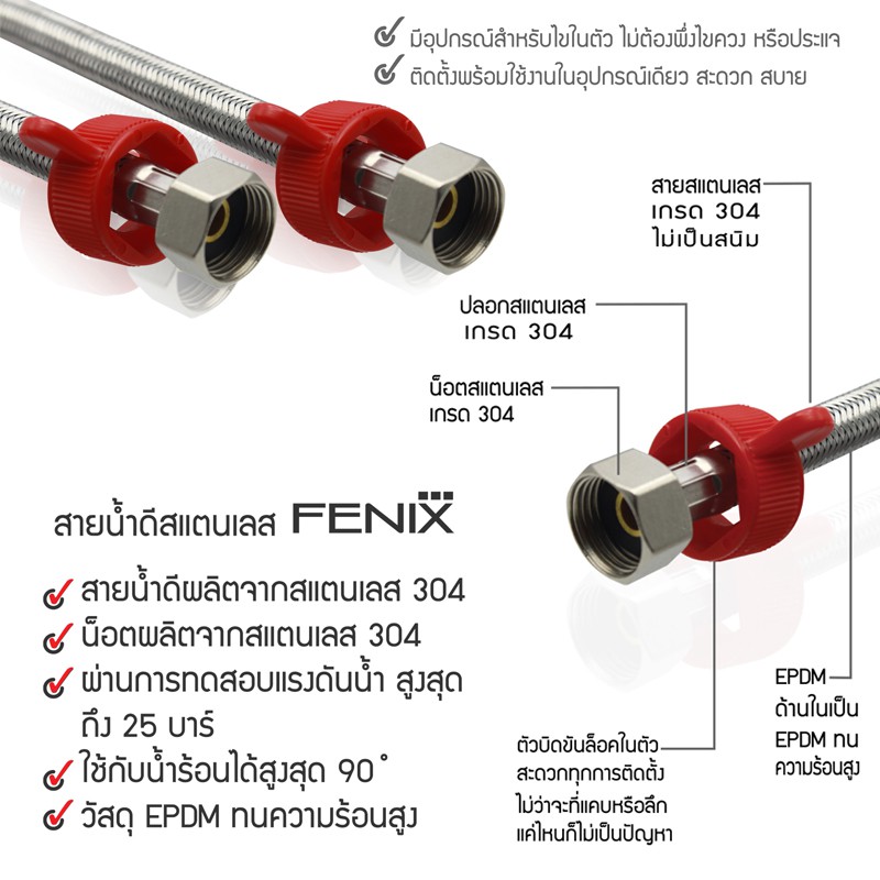 fenix-สายน้ำดีถักสแตนเลส-304-พร้อมน็อตขันในตัว