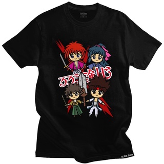 เสื้อยืดอินเทรนด์ผู้ชายอินเทรนด์ผู้หญิงKawaii Rurouni Kenshin เสื้อยืดแขนสั้น ผ้าฝ้าย 100% พิมพ์ลายอนิเมะ Swordsman Samu