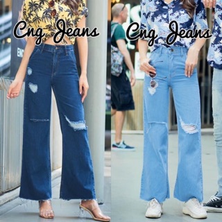 CNG Jeans กระบอกขาบานแต่งขาดตัดปลายขา