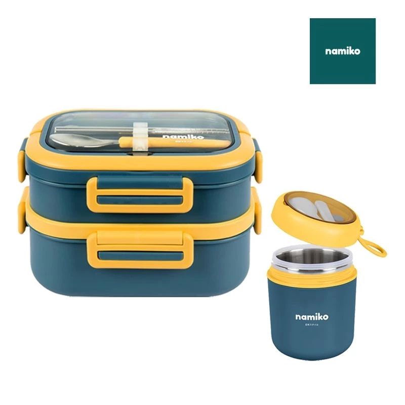 Namiko เซตกล่องอาหารสไตล์เกาหลีและกล่องอาหาร 2 ชั้น พร้อมถ้วยซุปสเตนเลส Food Grade