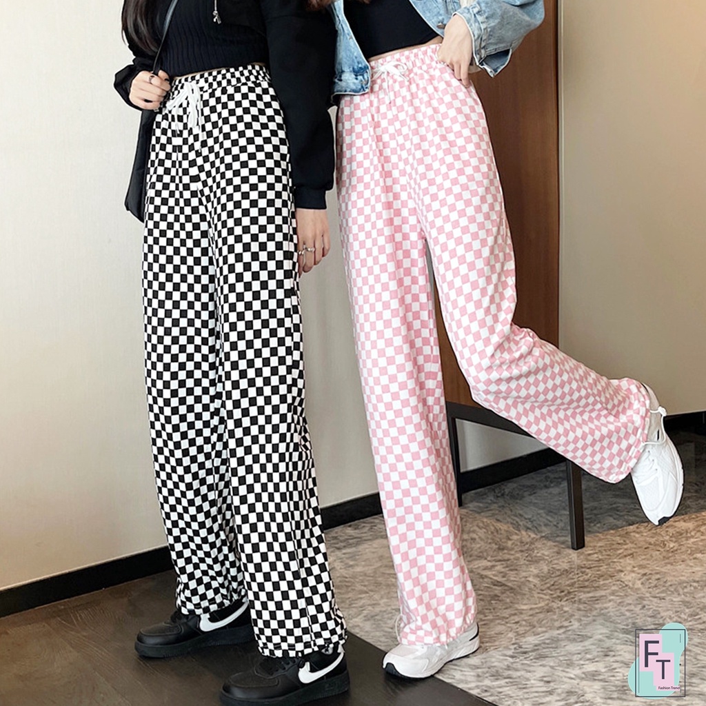 ft-อินเทรนด์-กางเกงขายาวลายตารางหมากรุก-3-สี-เอวยางยืด-ผ้าผสมโพลีเอสเตอร์ใส่สบาย