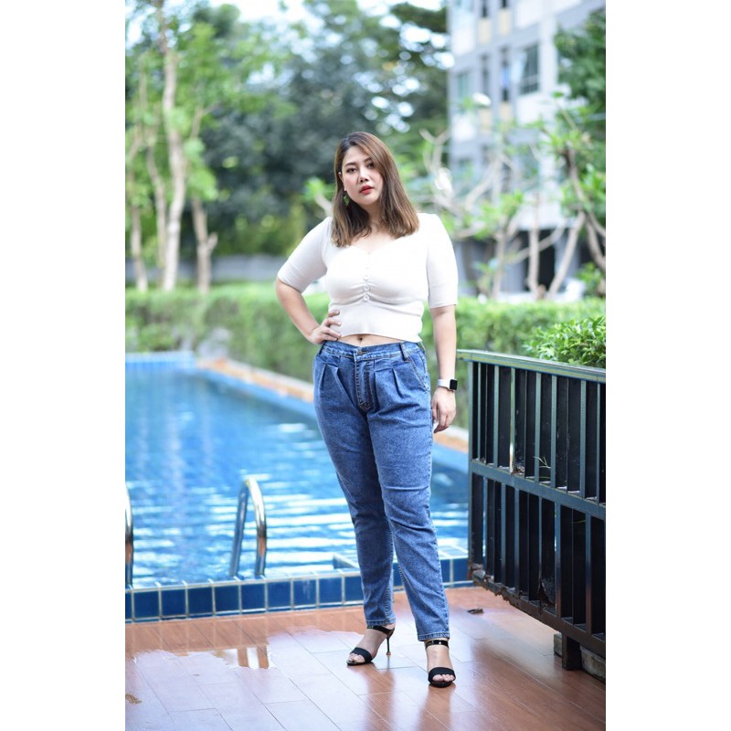 plus-size-เอว34-44-กางเกงยีนส์เอวสูง-ทรงขนมจีบ-ขายาว-ถักเปียกระเป๋า2-ข้าง