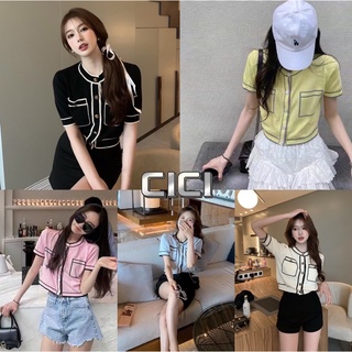 Cici(NO.47109)เสื้อไหมพรมแขนสั้น ดีเทลกระเป๋า2ข้างทอสลับสีตัดขอบแต่งกระดุม ดูแพงมากๆ