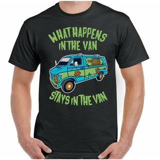 เสื้อยืดสีขาวเสื้อยืดพิมพ์ลายการ์ตูน Scooby Doo What Happens In The Van สําหรับผู้ชายS-4XL