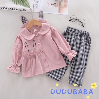 【 dudubaba 】 เสื้อแขนยาว ลายการ์ตูนกระต่าย และ กางเกงลายสก๊อต สำหรับเด็ก 0-4 ปี