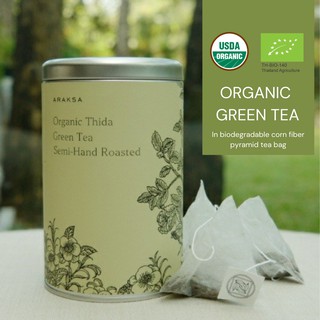 Araksa ชาเขียวออร์แกนิค 100% แบบบรรจุถุงชง15ถุงในกระป๋อง Single Origin : Araksa Organic Green tea/ 15tea