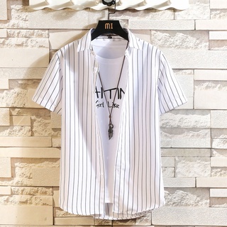 เสื้อเชิ้ตแขนสั้นลําลอง ลายทางแนวตั้ง เข้ากับทุกการแต่งกาย แฟชั่นฤดูร้อน สําหรับผู้ชาย