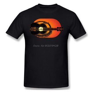 [S-5XL] เสื้อยืดแขนสั้นลําลอง คอกลม ผ้าฝ้าย 100% พิมพ์ลาย Guitar Island Sunset Illustration สไตล์ฮาราจูกุ สําหรับผู้ชาย