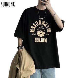 【100% cotton】Suikone เสื้อยืด เสื้อยืดผู้ชายแฟชั่นพิมพ์ลายวัยรุ่นสีทึบครึ่งแขนฤดูร้อนลำลองหลวมแขนสั้น เสื้อยืดผู้ชาย