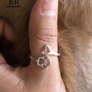 💘broadhappy💍แหวนเปิดปรับได้กลวงหัวใจรักสุนัข Paw แหวนสำหรับเจ้าของสุนัข แหวนเกลี้ยง