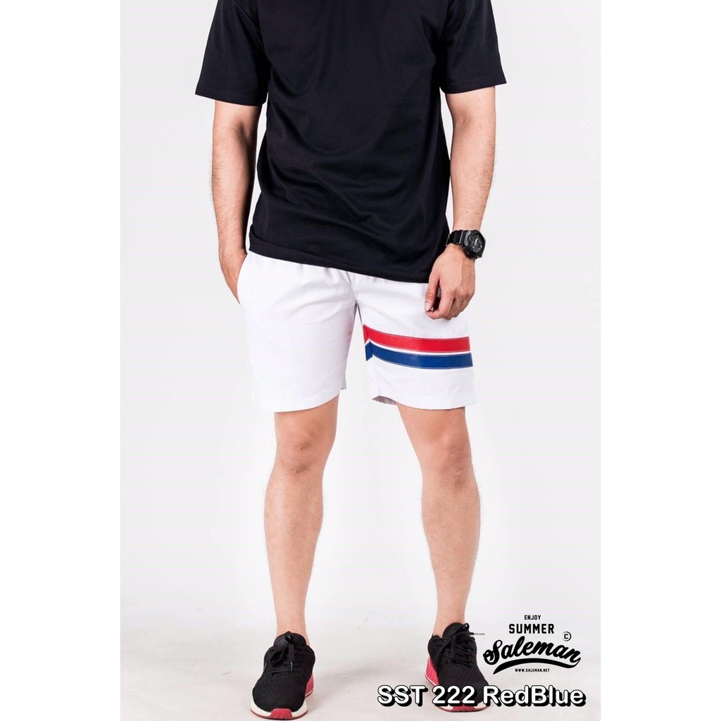 กางเกงขาสั้น-พรีเมี่ยม-ผ้า-cotton-รหัส-sst-222-redblue-สีขาว-แถบแดงน้ำเงิน