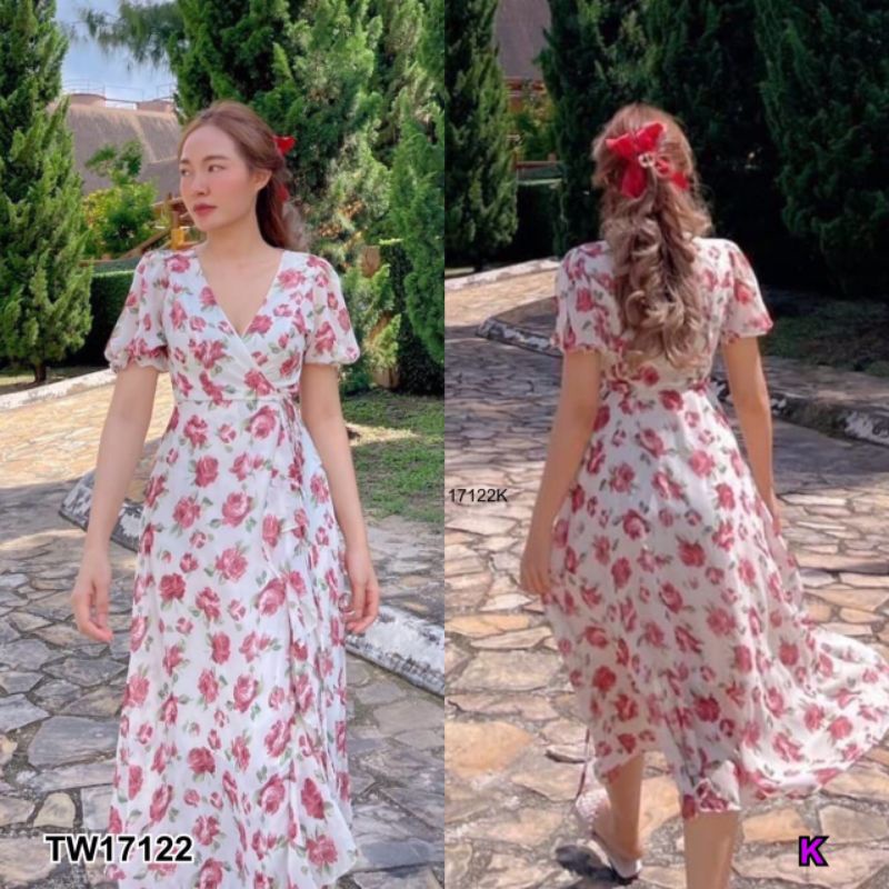 tw17122-สอบถามสต้อกก่อนโอนค่า-ชุดเดรสยาวลายดอกไม้แขนตุ๊กตา-สีชมพู-เหลือง