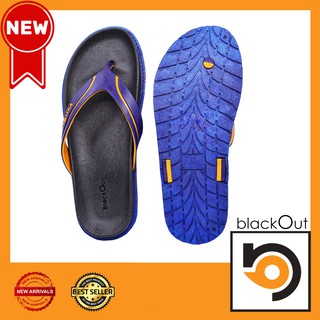 🔰 BlackOut Comfy Flipper 🔰 รองเท้าแตะ แตะสวม รองเท้ายางกันลื่น พื้นดำหูน้ำเงินทอง
