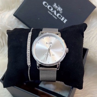 🎀 (สด-ผ่อน) นาฬิกา สีเงิน 34 มิล พร้อมสร้อยข้อมือ COACH 14000076 Watch and Bracelet Grand Ladies Analog Silver Band