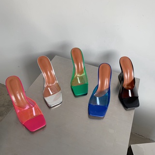 สินค้า Manxixi รองเท้าส้นสูง แบบใส หัวเหลี่ยม ขนาดใหญ่ 4.13 นิ้ว แฟชั่นสําหรับผู้หญิง (ไซซ์ 35-41)