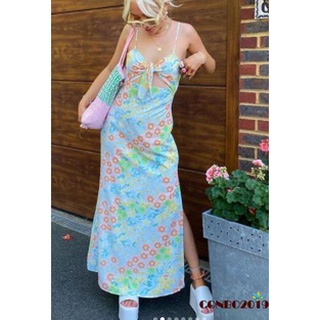 HGM-Women Sexy Slit Dress, Blue Floral Printed Pattern Deep V-neck Sleeveless One-piece Dress, S/ M/ L/ XL