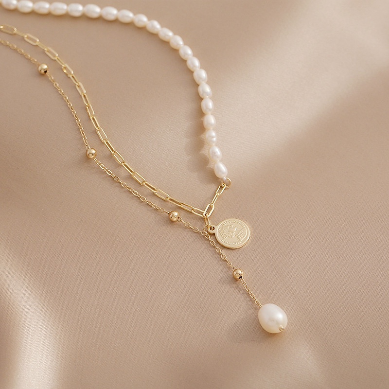 สร้อยคอมุกน้ําจืดธรรมชาติ-ชุบทอง-14k-หลายชั้น-เครื่องประดับแฟชั่น-สําหรับผู้หญิง