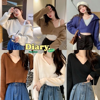 Diary(0228)เสื้อครอปแขนยาวหน้าวีไหมพรมแต่งคอปกแฟชั่นสไตล์เกาหลี