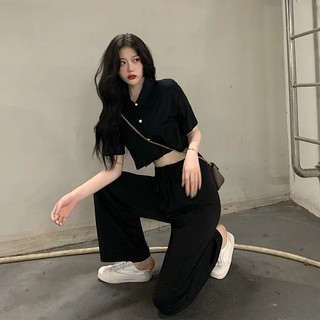 เสื้อครอปท็อปเซ็กซี่ ตัวสั้น และกางเกงขากว้าง เอวสูง ทรงสลิม แนวตรง สไตล์เกาหลี สําหรับผู้หญิง สองชิ้น