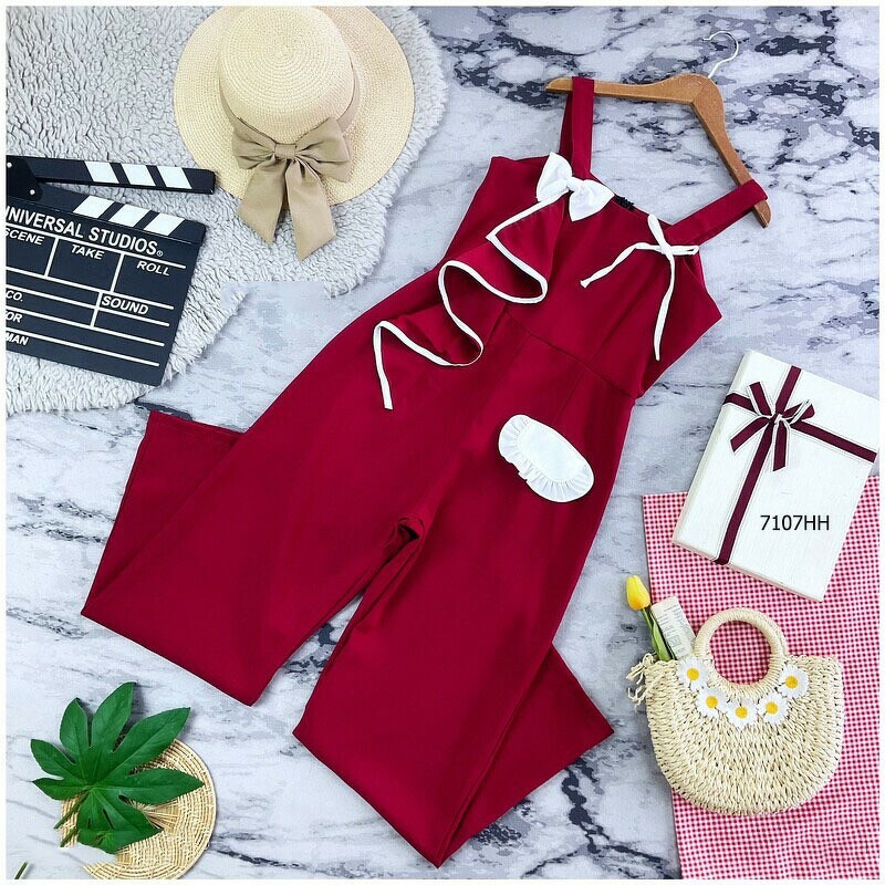 จั๊มสูทขายาวสีแดง-ระบายอก-ชุดแฟชั่น
