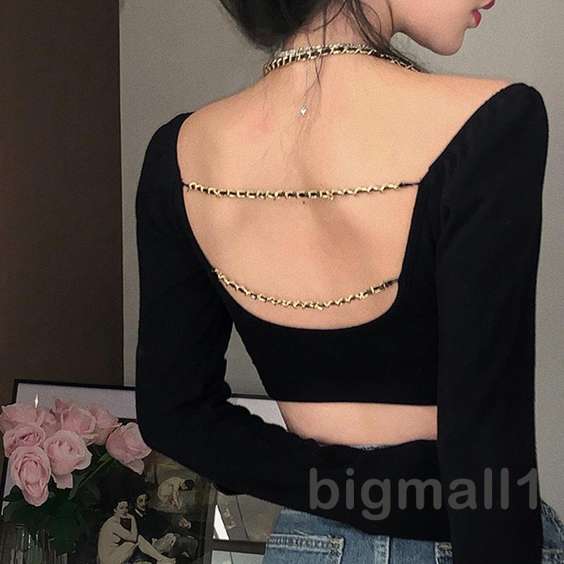 bigmall-women-s-crop-tops-chain-halter-shoulder-cutout-long-sleeve-irregular-hem-slim-fit-short-tops