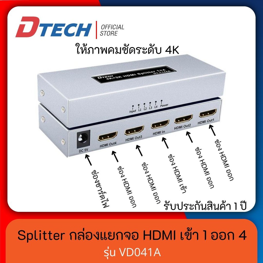 dtech-กล่องแยกสัญญาณภาพ-4kx2k-hdmi-splitter-เข้า-1-ออก-4-รุ่น-vd041a-ภาพคมชัด