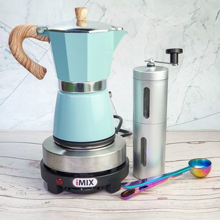 (สีฟ้า) ชุดกาต้มกาแฟ 3 คัพ + เตามินิ 500w + เครื่องบดเมล็ดกาแฟ มือหมุน