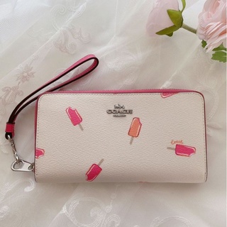 🎀 (สด-ผ่อน) กระเป๋าสตางค์ซิปรอบ มีสายคล้อง สีขาวลายไอติม COACH C4530 LONG ZIP AROUND WALLET WITH POPSICLE PRINT