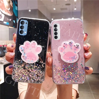 Ready เคส OPPO Reno 5 5G Phone Case Transparent Bling Softcase Back Cover With Cat Claw Bracket Stand Holder 2021 New Casing เคสโทรศัพท์ Reno5