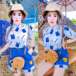 TW15405 Set 2 ชิ้น เสื้อทรงครอปแขนสั้น สกรีนหมีน่ารักๆ ทั้งตัว + กางเกงขาสั้น มีกระเป๋าล้วง 2 ข้าง