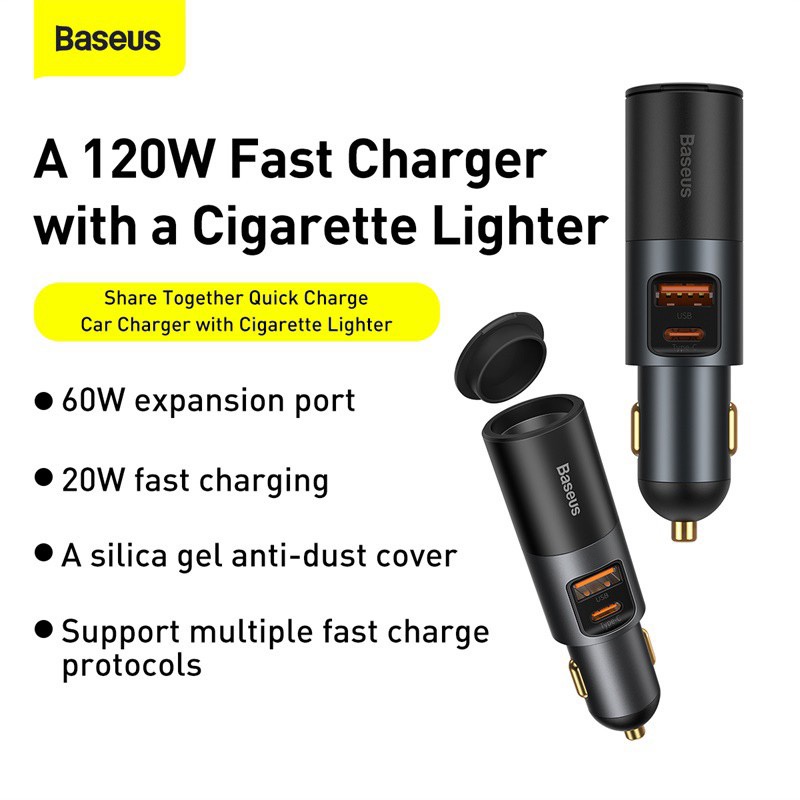 baseus-ที่ชาร์จในรถยนต์-120-w-พร้อมที่จุดบุหรี่-usb-type-c-usb-ใช้ได้กับโทรศัพท์ทุกยี่ห้อ