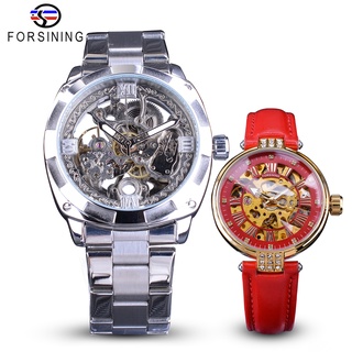 Forsining Couple Watch Set Combination Men Silver Automatic Watches Steel / Lady Red Skeleton Leather Mechanical Wristwa
