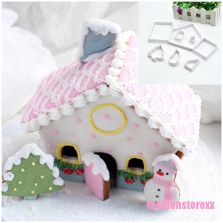 [zFASXX] 8Pcs DIY Plastic Cookie Cutter Set 3D Christmas Gingerbread House Mould TOK